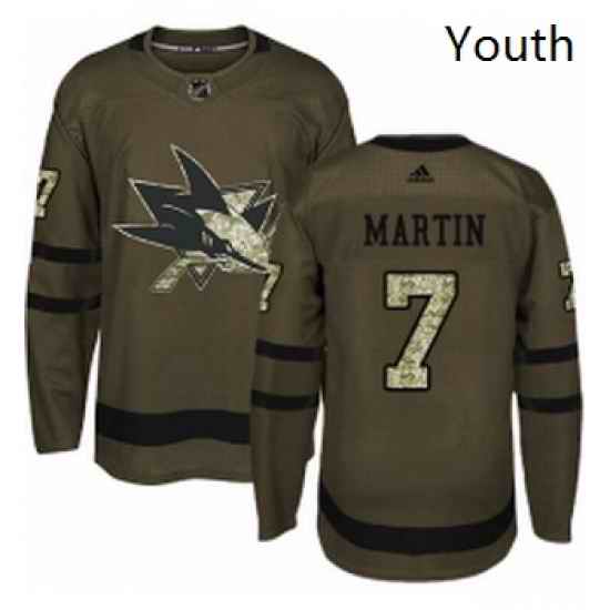 Youth Adidas San Jose Sharks 7 Paul Martin Authentic Green Salute to Service NHL Jersey